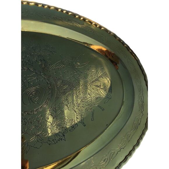 Giant brass serving platter 24"X18" birds tray oriental asian gold partridge MCM - Picture 8 of 16